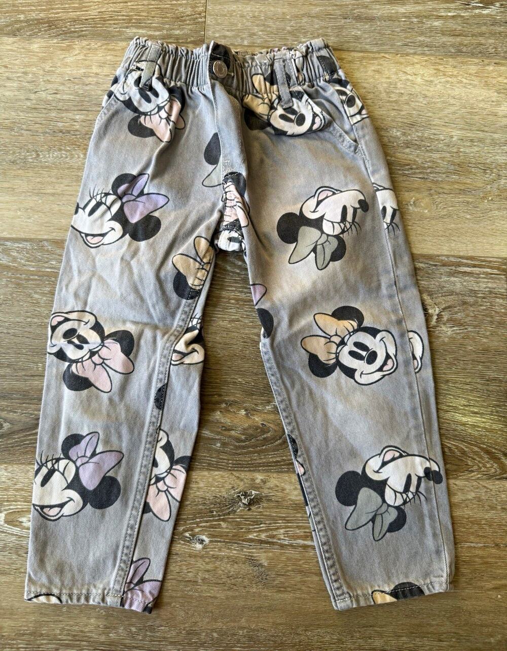 H&M Girls Minnie Mouse Disney Gray Denim Tapered Pants Elastic Waist 4T